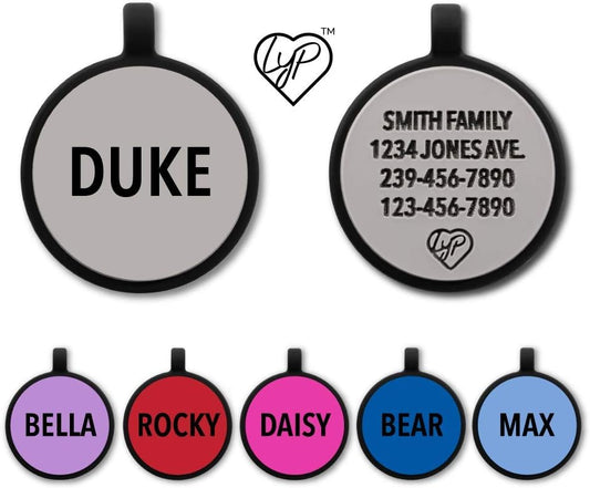 LYP Soundless Pet Tag - Deep Engraved Silicone – Double Sided and Engraving Will Last - Many Design Choices of Pet ID Tags, Dog Tags, Cat Tags (Grey, Circle)