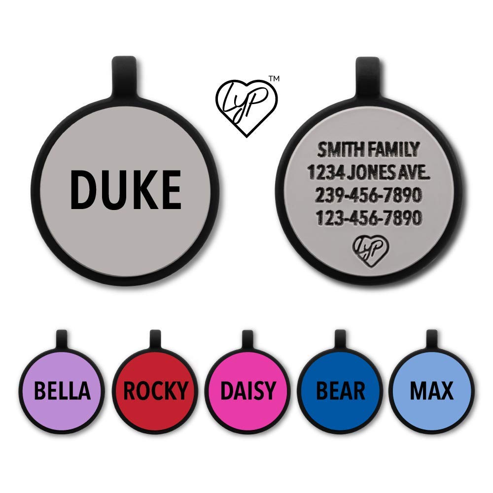 LYP Soundless Pet Tag - Deep Engraved Silicone – Double Sided and Engraving Will Last - Many Design Choices of Pet ID Tags, Dog Tags, Cat Tags (Grey, Circle)