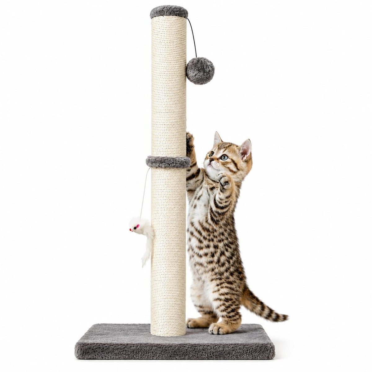 MeowHomm 32” Tall Cat Scratching Posts for Indoor Cats Adults with 2 Hanging Ball, Large Cat Scratch Post Cat Scratcher Includes Sisal Rope(Yellow)