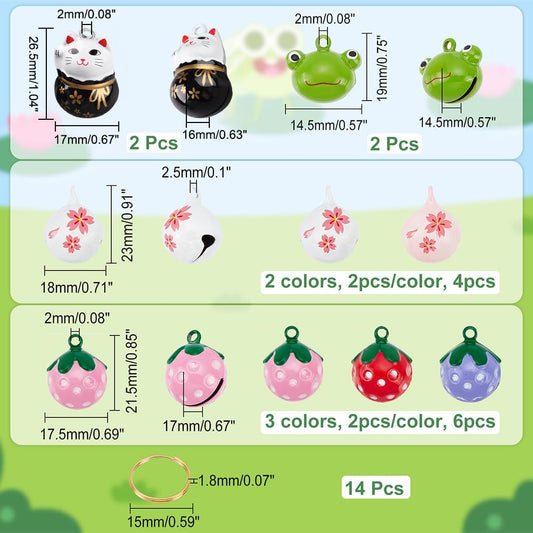 CHGCRAFT 14Pcs 7 Styles Pet Collar Bells Brass Cherry Panda Frog Strawberry Charm Cat Collar Bell Pet Pendant Accessories with Stainless Steel Double Loops Jump Rings for Potty Training