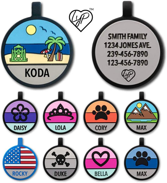 LYP Original Soundless Pet ID Tags | Custom Dog Tags Personalized for Pets | Durable Silicone Deep Engraved Dog Tag | No More Jingling | Beach