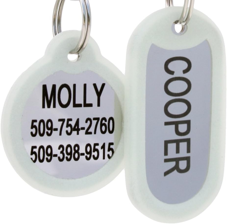 GoTags Personalized Dog Tags in Stainless Steel, Includes Glow in the Dark Tag Silencer to Reduce Noise and Protect Tag and Engraving, No Noise, Quiet Pet Tags, 2 Side Engraving, (Bone Shape)