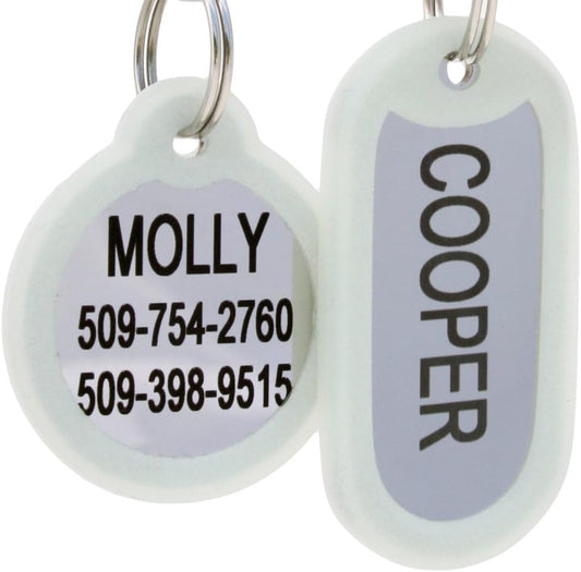 GoTags Personalized Dog Tags in Stainless Steel, Includes Glow in the Dark Tag Silencer to Reduce Noise and Protect Tag and Engraving, No Noise, Quiet Pet Tags, 2 Side Engraving, (Bone Shape)