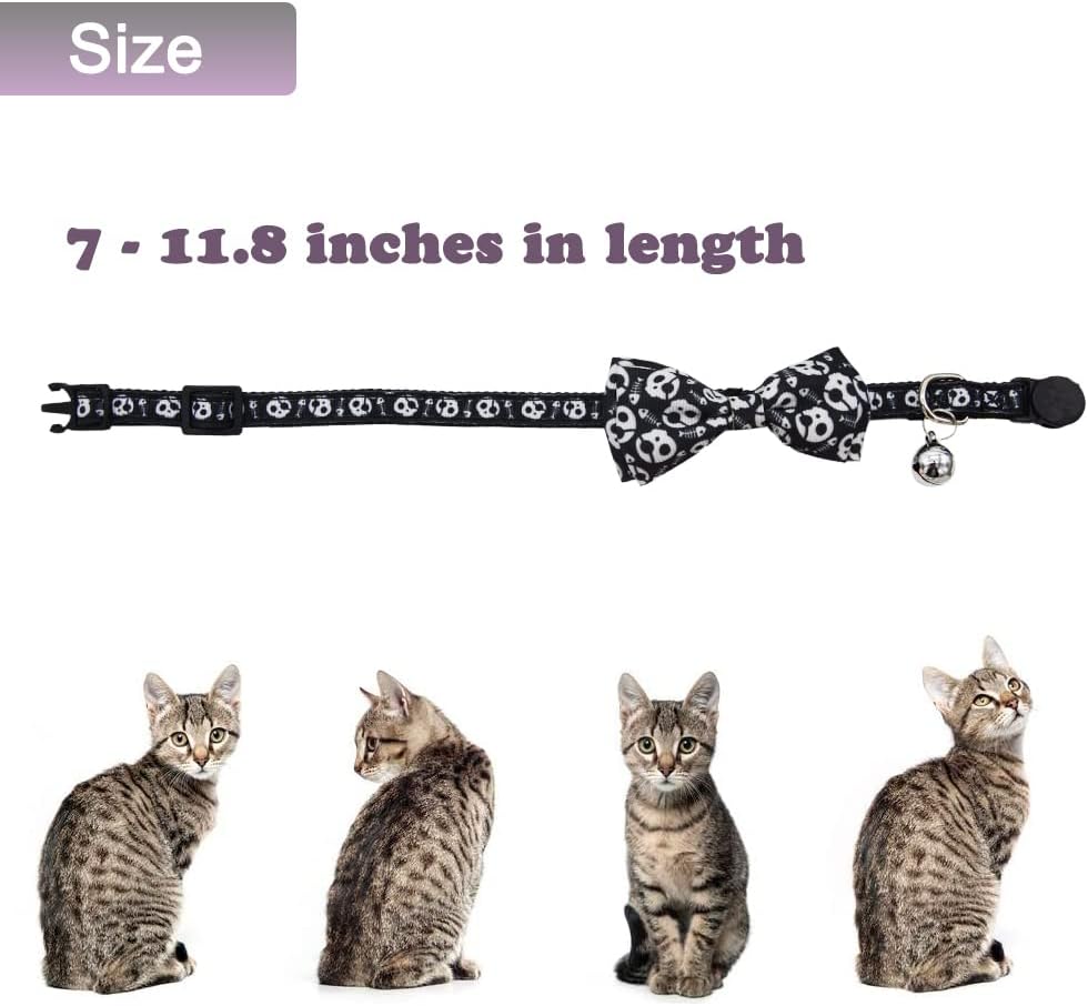 3 Pack Bowtie Skull Cat Collar Adjustable Quick Release Collar with Bell Black Pink and Green