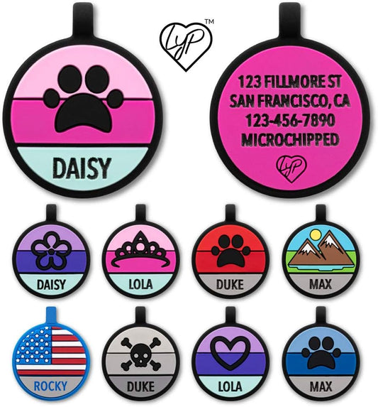 LYP Original Soundless Pet ID Tags | Custom Dog Tags Personalized for Pets | Durable Silicone Deep Engraved Dog Tag | No More Jingling | Pink Paw