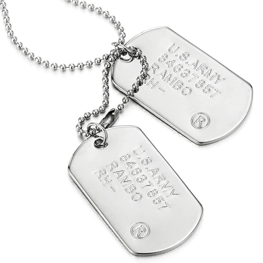 COOLSTEELANDBEYOND Men's Military Dog Tag Pendant Necklace With Ball Chain, Double ID Tag Design, Engraved Army-Style Plate, Classic Soldier Gift