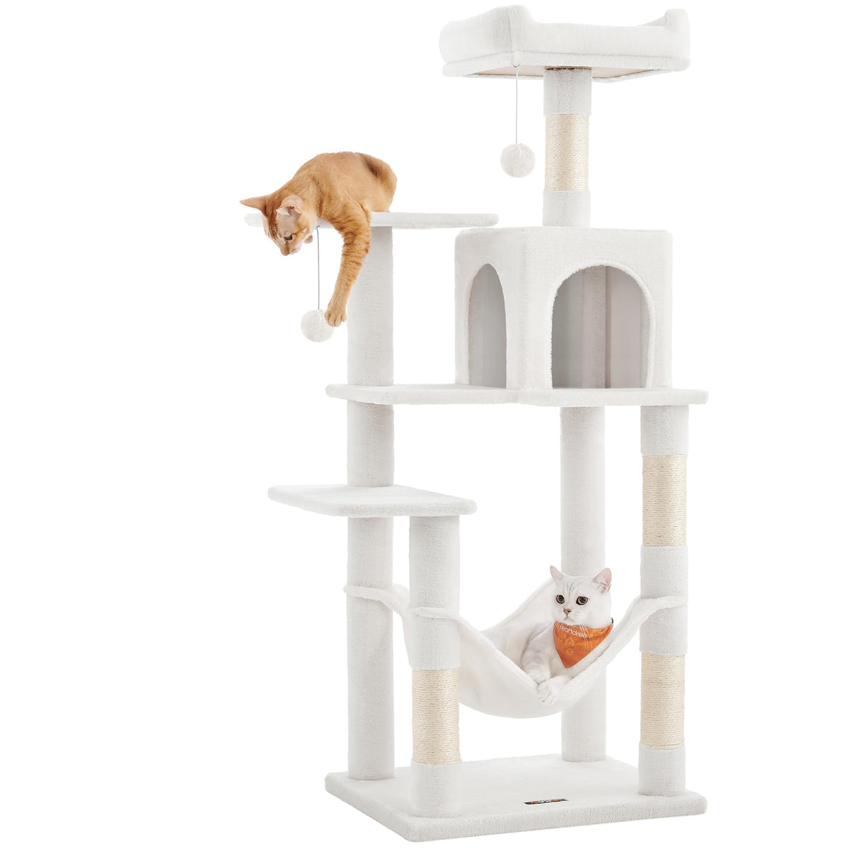 Feandrea Cat Tree, 59.5-Inch Tall Cat Tower, Multi-Level Condo, Beige
