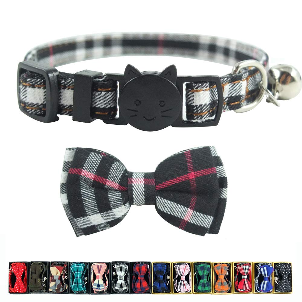 Cat Collar Breakaway with Bell and Bow Tie, Plaid Design Adjustable Safety Kitty Kitten Collars Set of 2 PCS (6.8-10.8in) (Green&Orange Plaid)