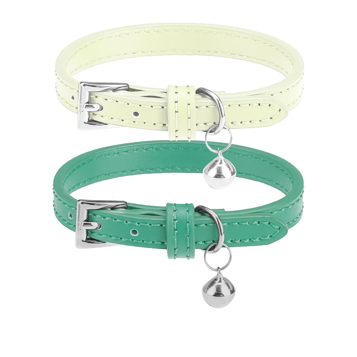 PUPTECK 2 PCS Soft Genuine Leather Cat Kitten Collar with Bells Adjustable for Girl Boy Cats Puppy - Yellow, Teal