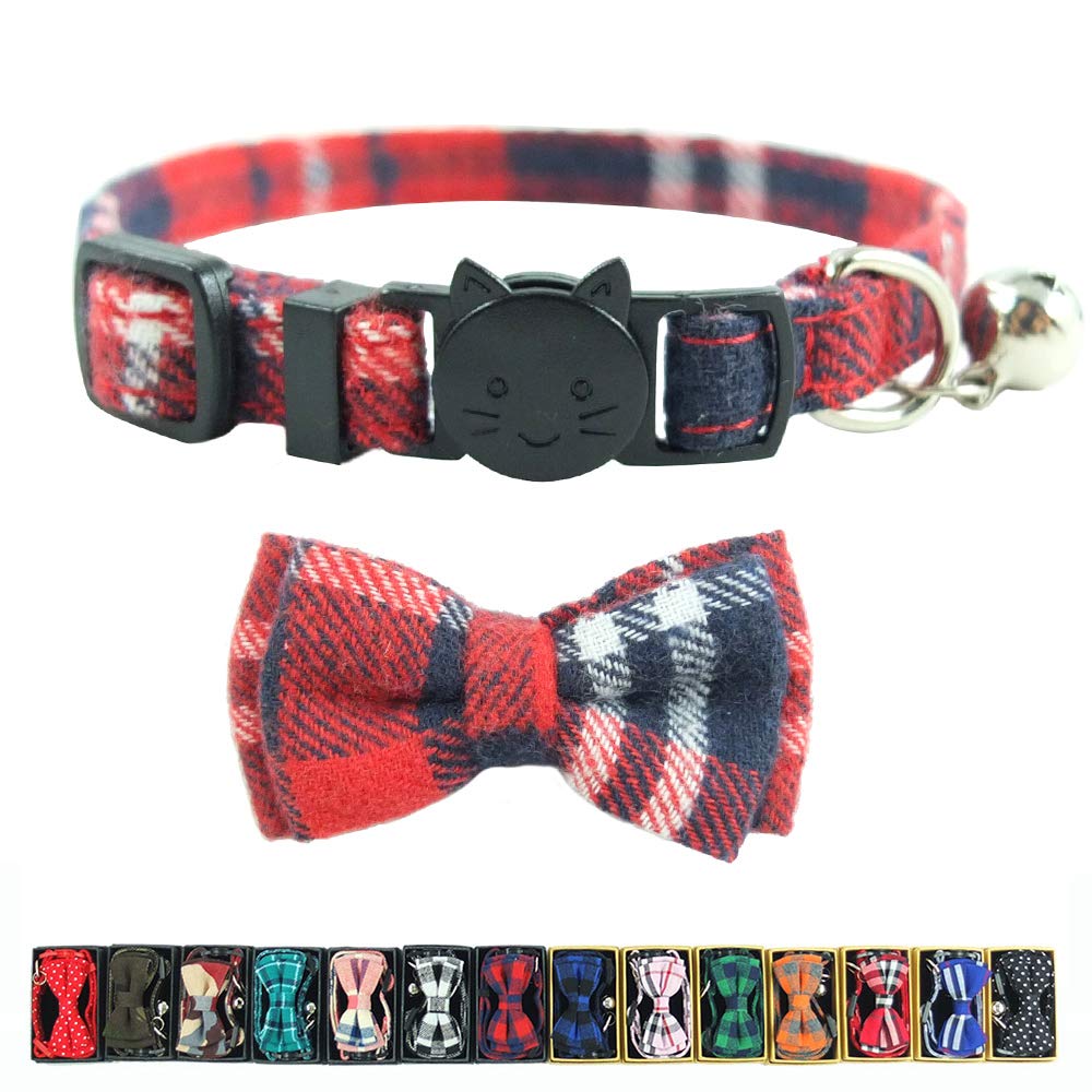 Cat Collar Breakaway with Bell and Bow Tie, Plaid Design Adjustable Safety Kitty Kitten Collars Set of 2 PCS (6.8-10.8in) (Green&Orange Plaid)