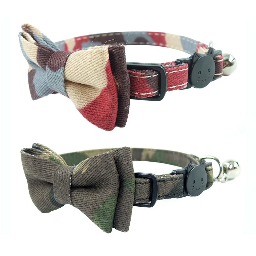 Cat Collar Breakaway with Bell and Bow Tie, Plaid Design Adjustable Safety Kitty Kitten Collars Set of 2 PCS (6.8-10.8in) (Green&Orange Plaid)