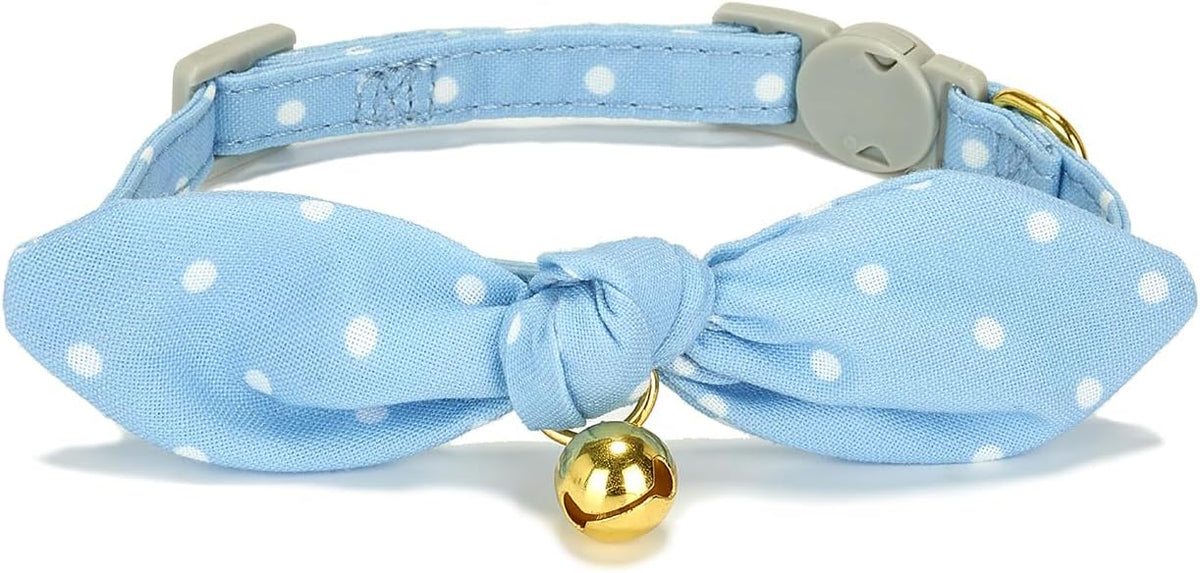 Bowtie Cat Collar with Bell, 2 Pack Cotton Breakaway Kitten Collars with Removeable Bow Stylish Cat Collars, Gradient Plaid & Polka Dot Blue