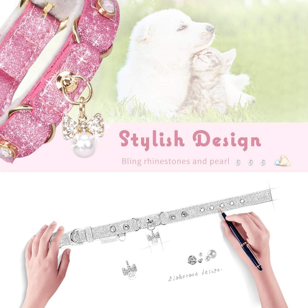 Cat Collar, Dog Collar, [Bling Rhinestones] PU Leather Adjustable Pet Collar with Luxury Pendant for Big Cat and Small to Medium Dog Small Pink