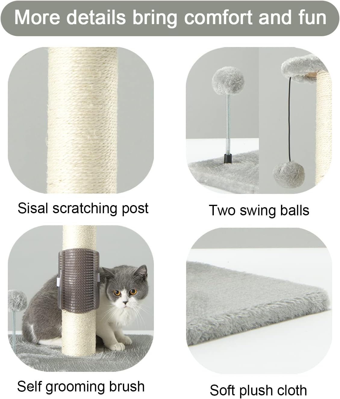 PEEKAB 32" Tall Cat Scratching Post Sisal Scratch Posts with Hanging Ball and Self-Massage Brush Vertical Scratcher for Indoor Cats and Kittens Light-Gray 32inches