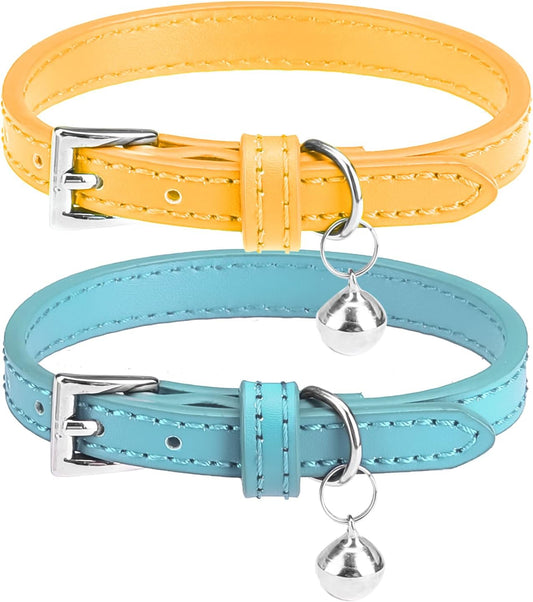 PUPTECK 2 PCS Soft Genuine Leather Cat Kitten Collar with Bells Adjustable for Girl Boy Cats Puppy - Yellow, Teal