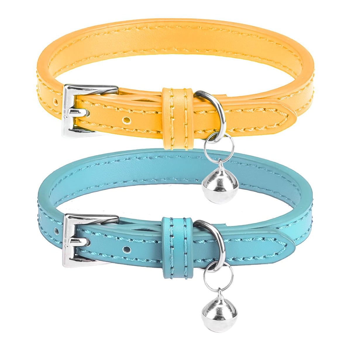 PUPTECK 2 PCS Soft Genuine Leather Cat Kitten Collar with Bells Adjustable for Girl Boy Cats Puppy - Yellow, Teal