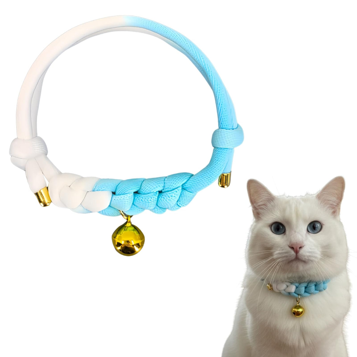 Cat Collar with Bell, Cute Adjustable Cotton Kitten Collar, Soft Lightweight Slip On Collar for Indoor Cats, Handmade in California (Green Ombre)