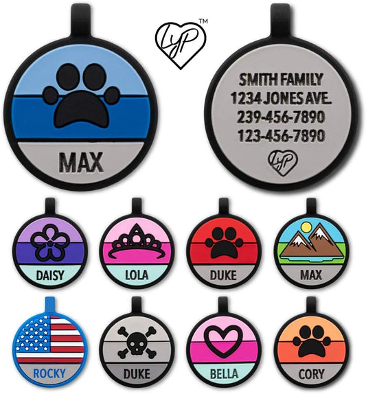 LYP Original Soundless Pet Id Tags | Custom Dog Tags Personalized for Pets | Durable Silicone Deep Engraved Dog Tag | No More Jingling | Blue Paw