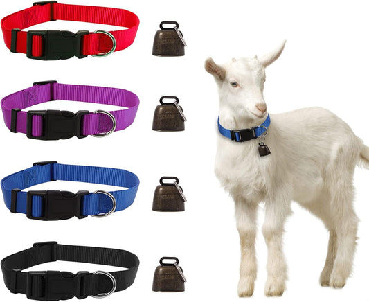 4 Pack Goat Collars with Bell Adjustable Nylon Collar and Grazing Copper Bells Set Farm Animal Anti-Lost with Loud Bronze Bells for Goat Sheep Horse Cow