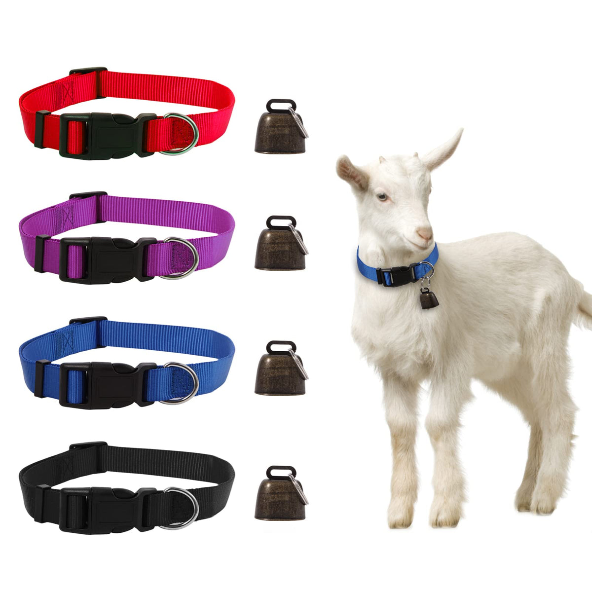 4 Pack Goat Collars with Bell Adjustable Nylon Collar and Grazing Copper Bells Set Farm Animal Anti-Lost with Loud Bronze Bells for Goat Sheep Horse Cow