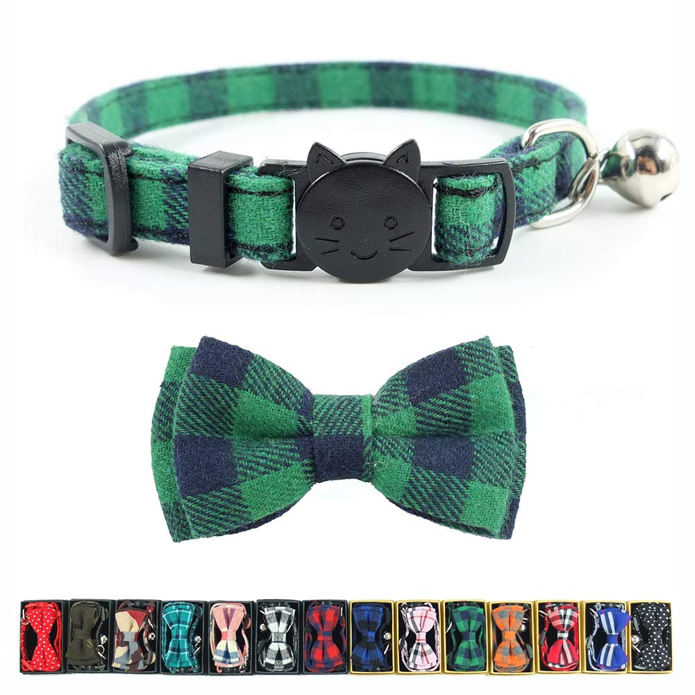 Cat Collar Breakaway with Bell and Bow Tie, Plaid Design Adjustable Safety Kitty Kitten Collars Set of 2 PCS (6.8-10.8in) (Green&Orange Plaid)