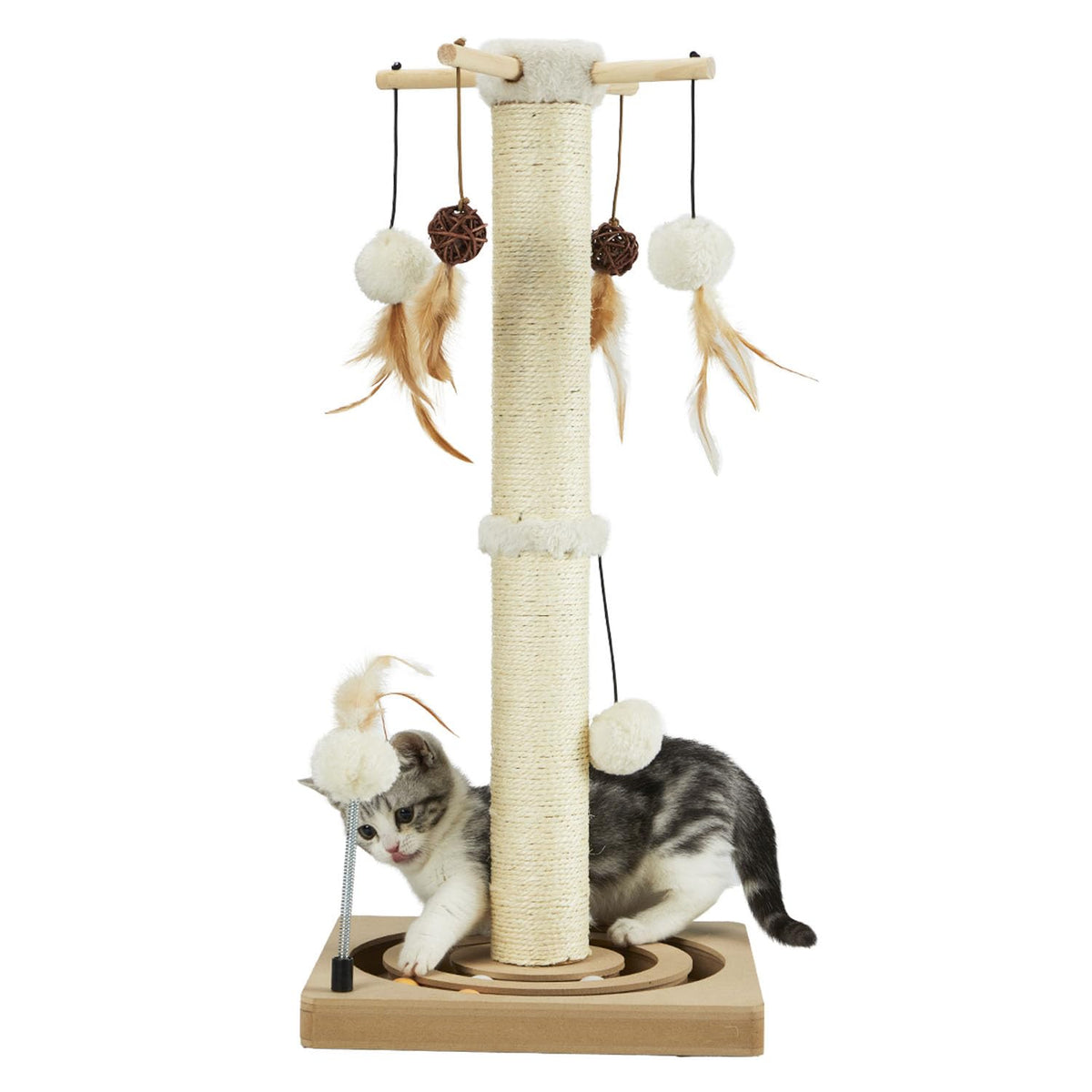 PEEKAB Cat Scratching Post Sisal Scratch Posts for Indoor Kittens and Cats,with Interactive Tracking Toys Suitable for Vertical Scratcher of Small and Medium-Sized Cats 25 Inches Beige