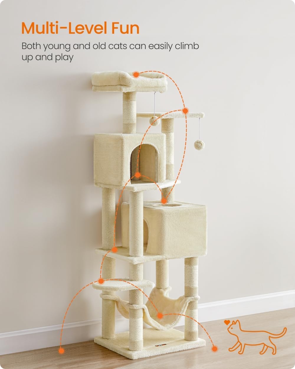 Feandrea Cat Tree, 59.5-Inch Tall Cat Tower, Multi-Level Condo, Beige