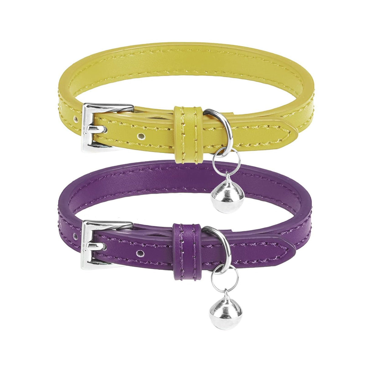 PUPTECK 2 PCS Soft Genuine Leather Cat Kitten Collar with Bells Adjustable for Girl Boy Cats Puppy - Yellow, Teal