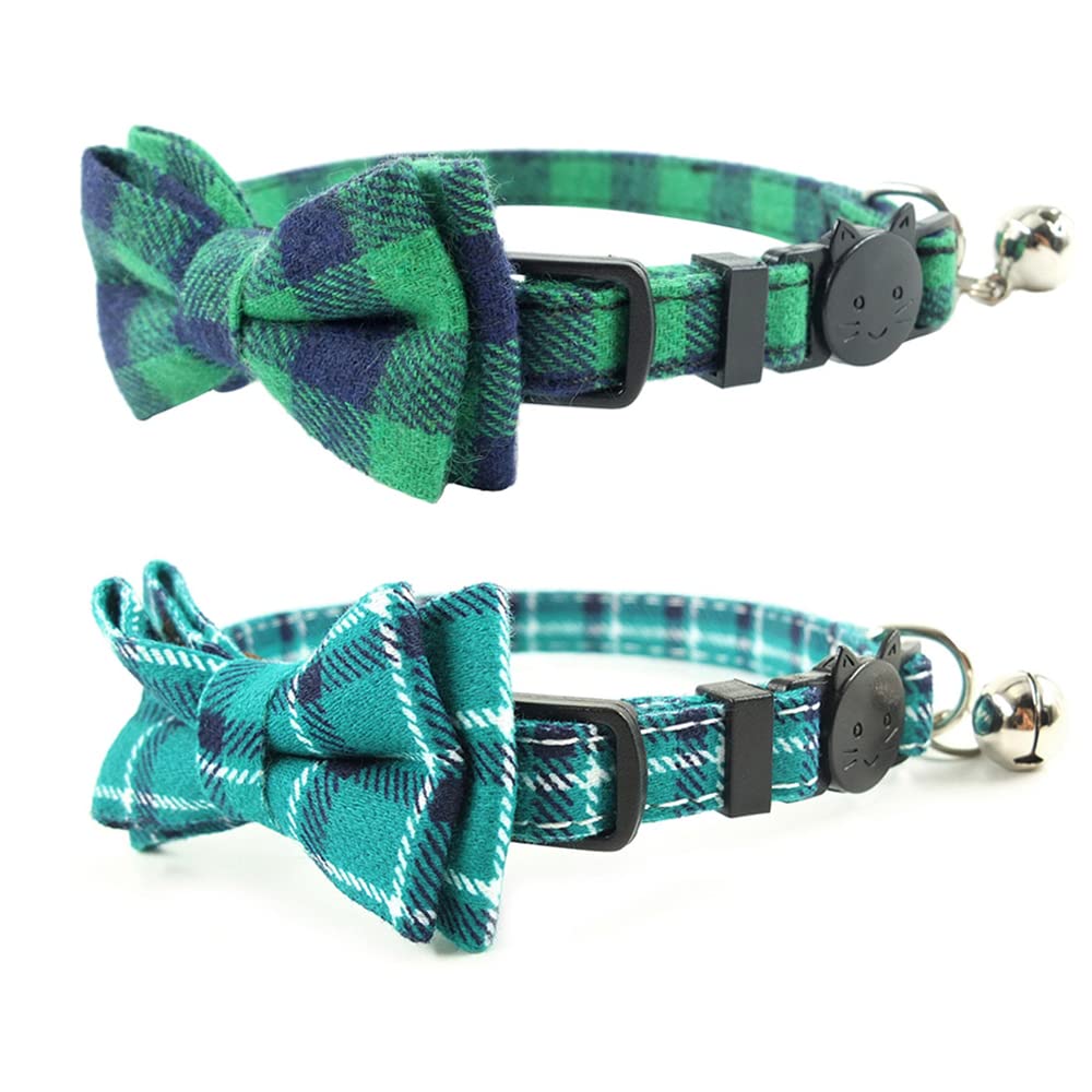 Cat Collar Breakaway with Bell and Bow Tie, Plaid Design Adjustable Safety Kitty Kitten Collars Set of 2 PCS (6.8-10.8in) (Green&Orange Plaid)