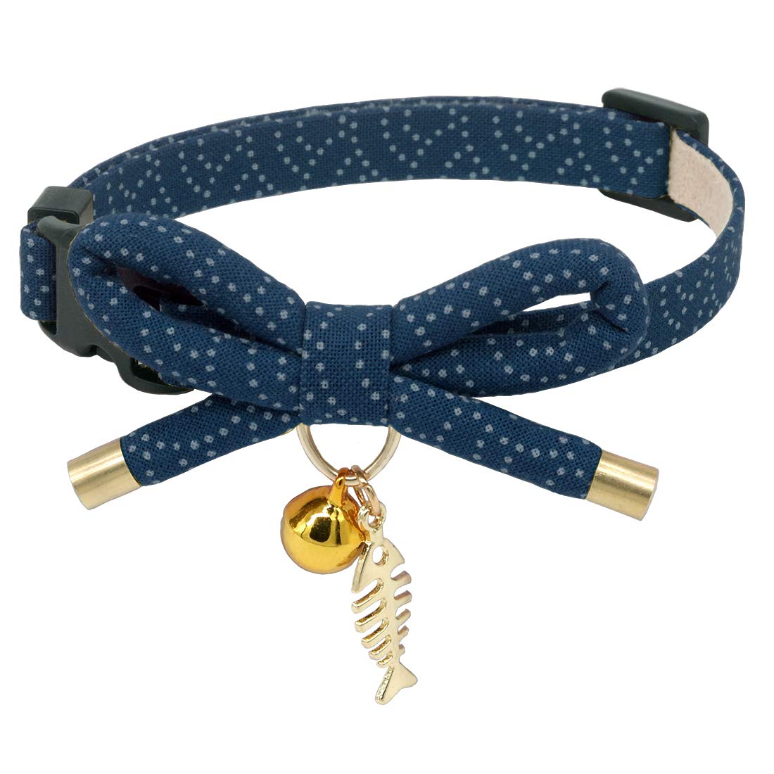 Cute Bowtie Cat Collar with Bell. Japanese Stylish Bowknot & Fish Charm. Safety Breakaway, Soft, Lightweight, for Girl Boy Male Female Cats Kitten,Green