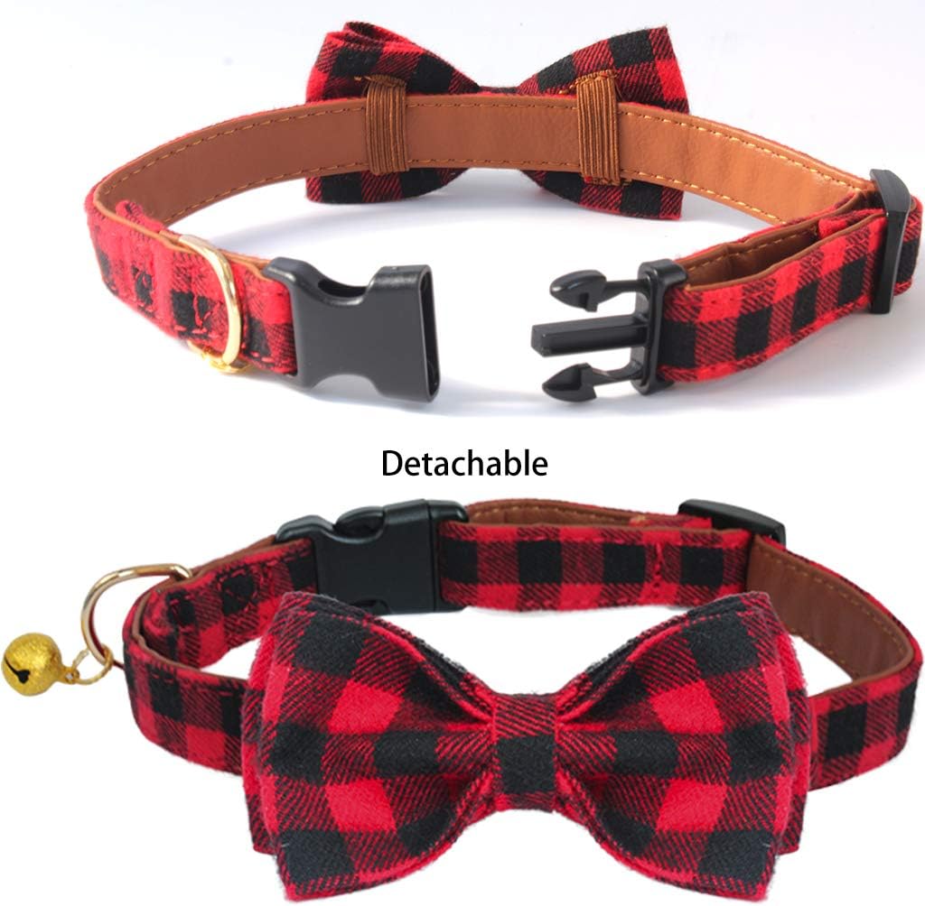 Plaid Dog Collar with Bow, 2 Pack/Set Adjustable Dog Bow Tie Collars with Bell, Best Pet Gift for Small Medium Large Girl and Boy Dogs, Red & Black