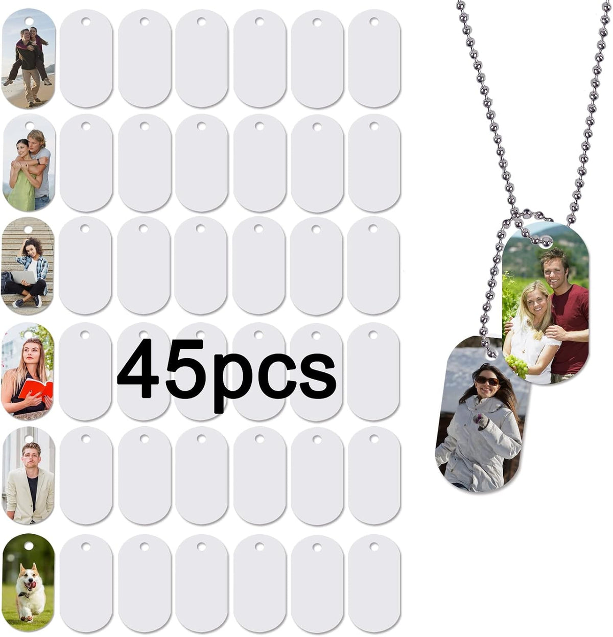 45pcs Sublimation Blank Dog Tag Aluminum White Sublimation Stamping Tag Pendants Double Sided Blank Stamping Metal Tags, Personalized Pets Tags Oval