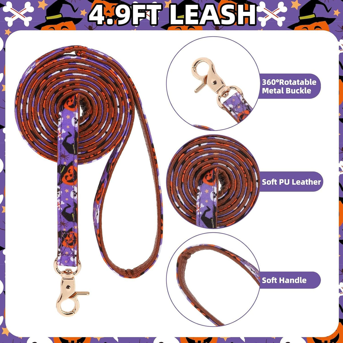 PUPTECK Halloween Dog Collar and Leash Set - 3 Pack Adjustable Pet Bandana Collars with Bow Tie and Bells, Soft Leather for Small Dogs Puppies and Cats Accessories, Orange Pumpkin