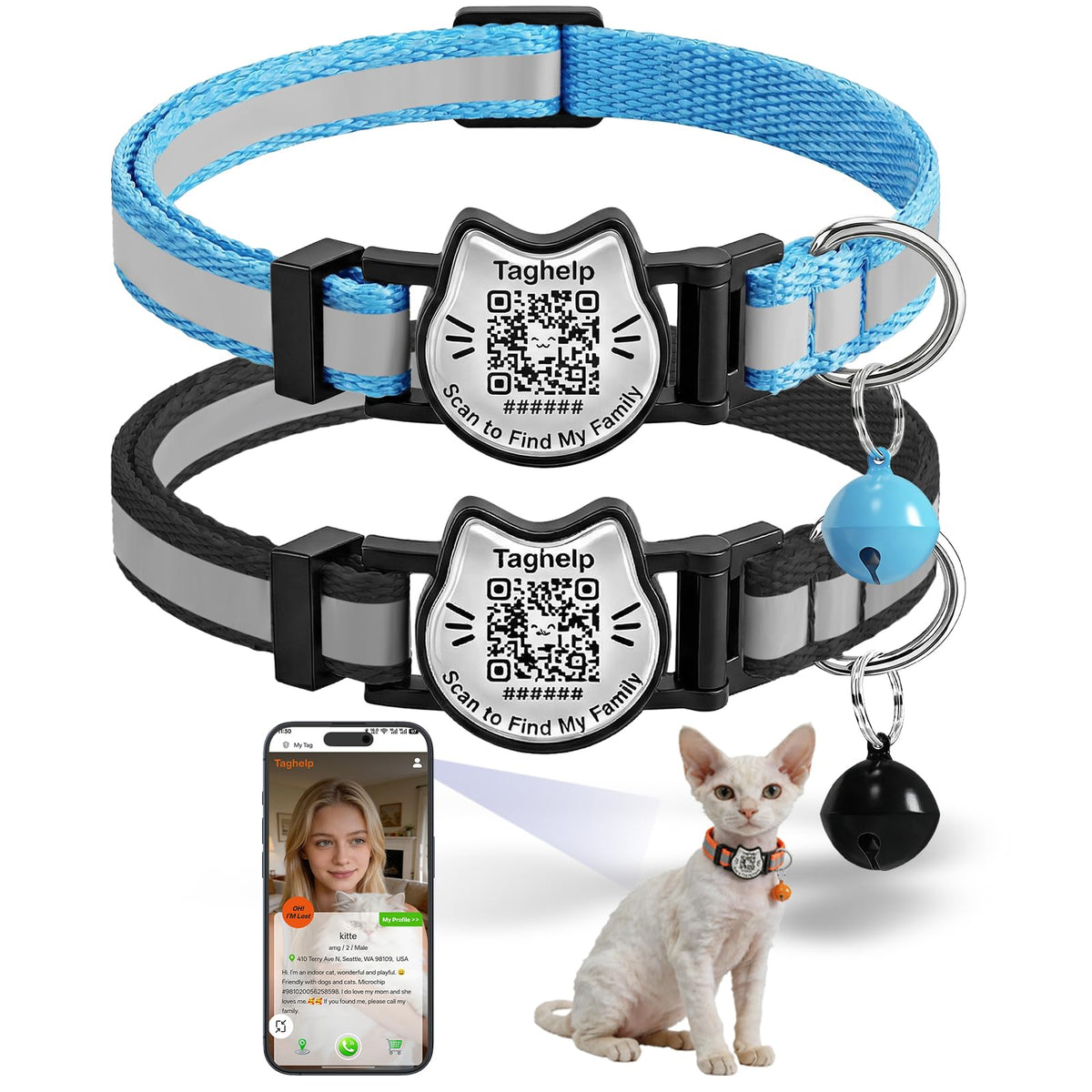Breakaway Cat Collar with QR Code Tag and Bell (Black & Rose red)