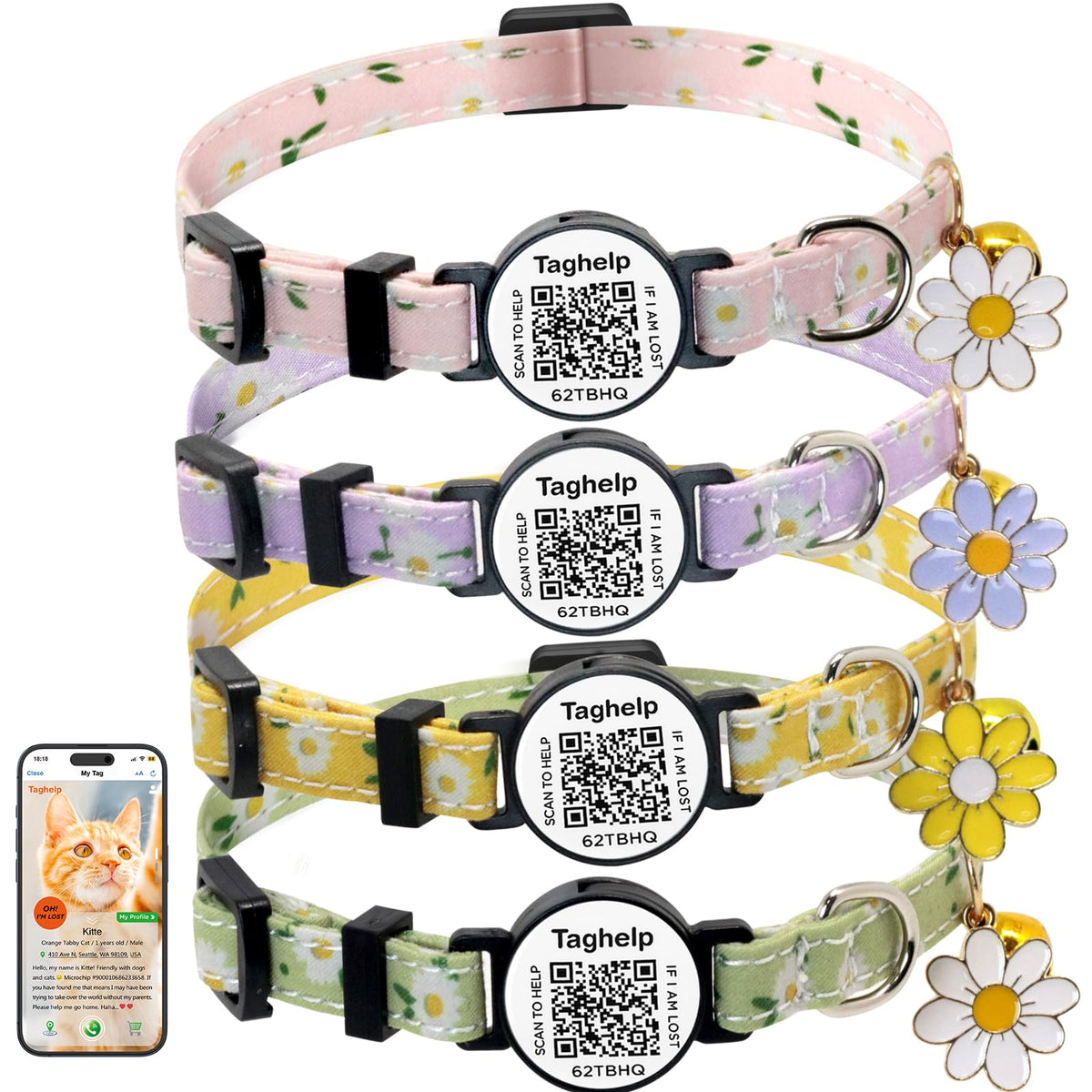 2 Pack QR Code Cat Collar with Instant Lost Pet Recovery System, Scan for Urgent Alerts & Location Info, Breakaway Reflective Collar with Safety Bell (Blue & Pink)