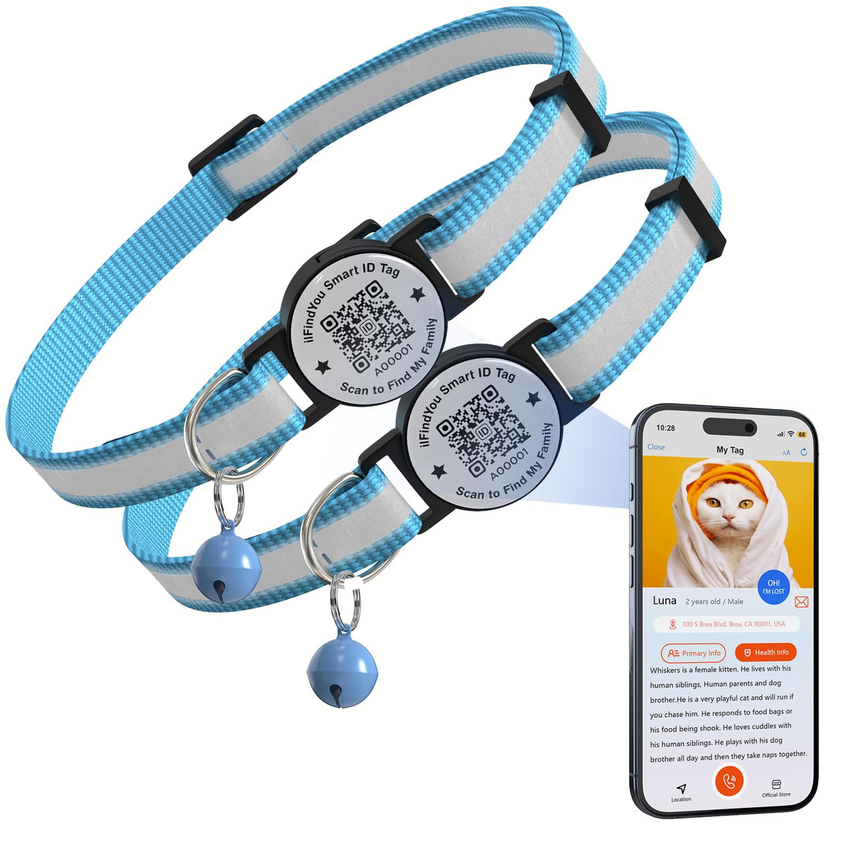 Cat Collar Breakaway QR Code, Reflective cat Collar with Bells, 3-Pack