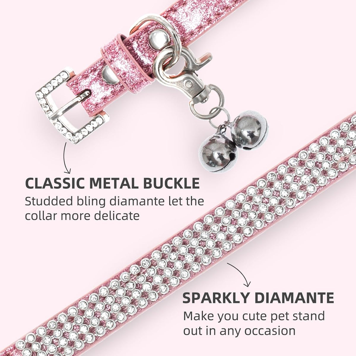 PUPTECK Basic Adjustable Cat Collar with Bling Diamond and Double Bells, for Kitten and Small Puppy, Fashion and Shining Dog Rhinestone Collars, 8-10 in, Pink