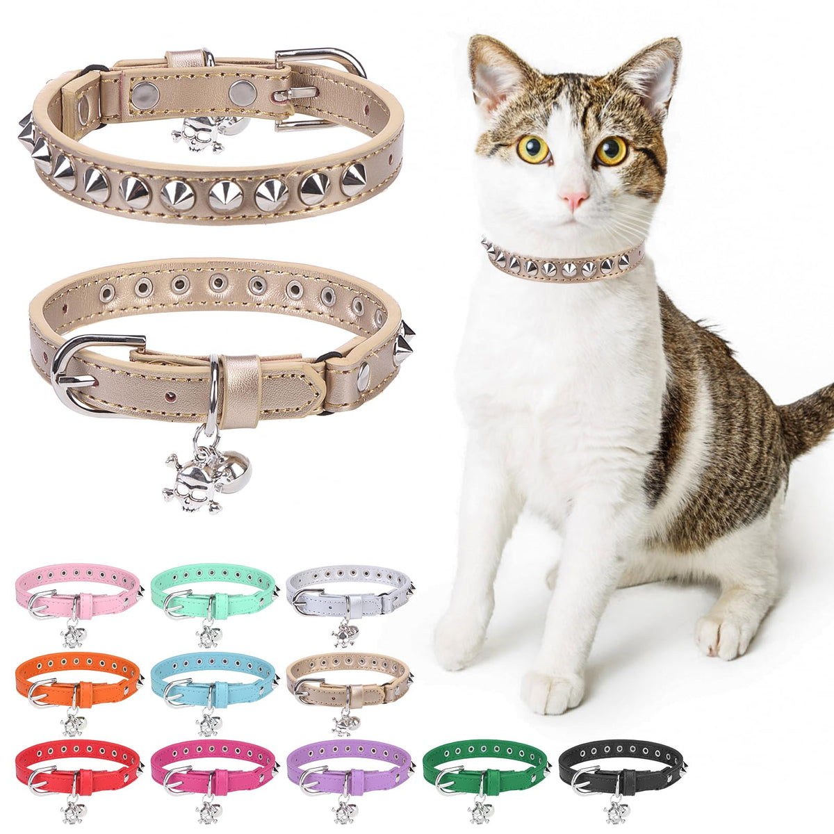 Leather Cat Collar, Breakaway Kitten Collars with Bell, Golden