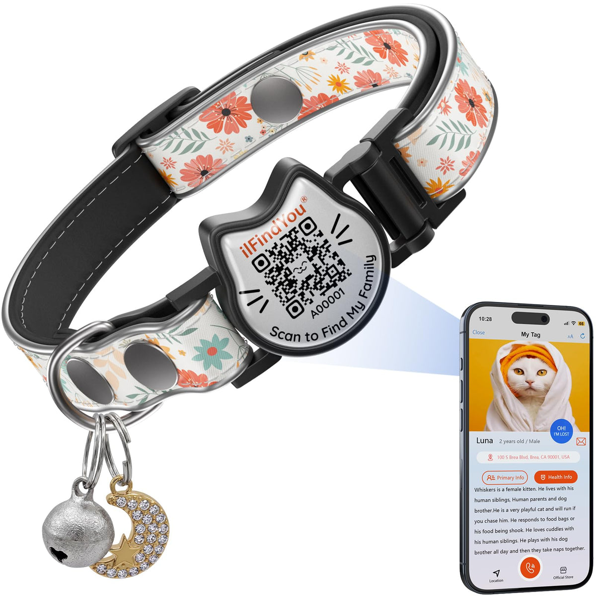 Cat Collar Breakaway QR Code, Reflective cat Collar with Bells, 3-Pack