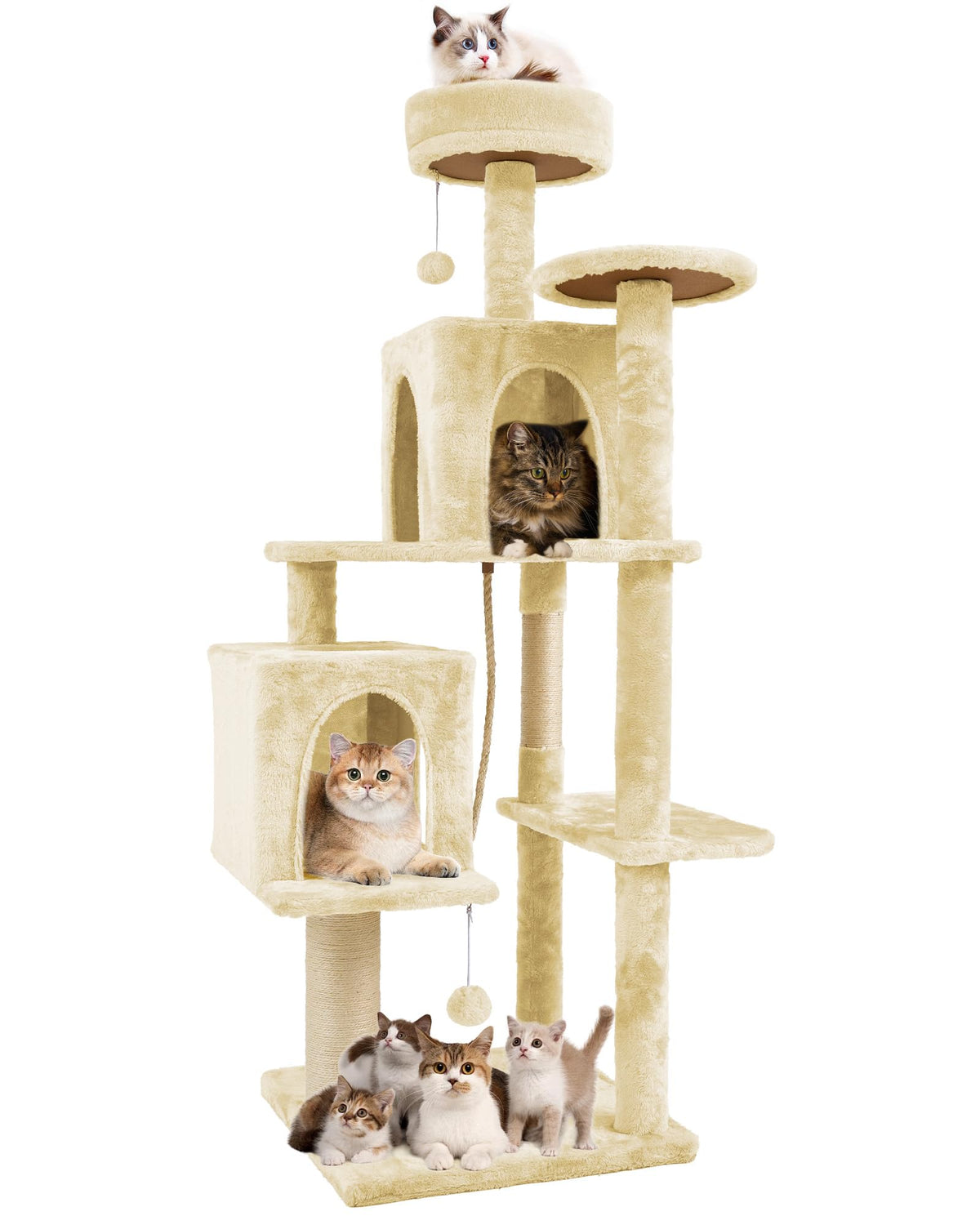 58.5inch Large Cat Tree Tower Condo for Indoor Cats, Soft Plush Multi-Level Climbing Tree Cat House with Cat Cave, Scratching Post, More Entrance/Exit, Sisal Rope, Grey Black