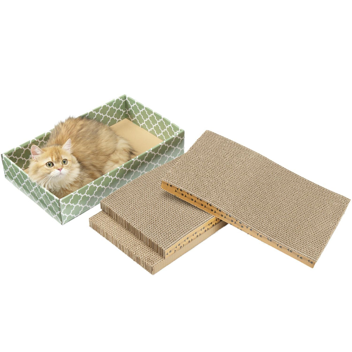 Cat Scratcher Cardboard Scratching Pads Scratch Lounge Bed with Catnip 3PCS Reversible Corrugated Cardboard with Scratch Box