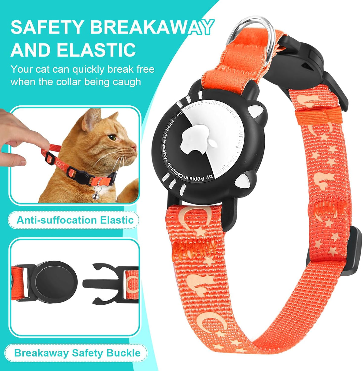 Reflective Breakaway Cat Collar with Airtag Holder and Bell, Orang, S