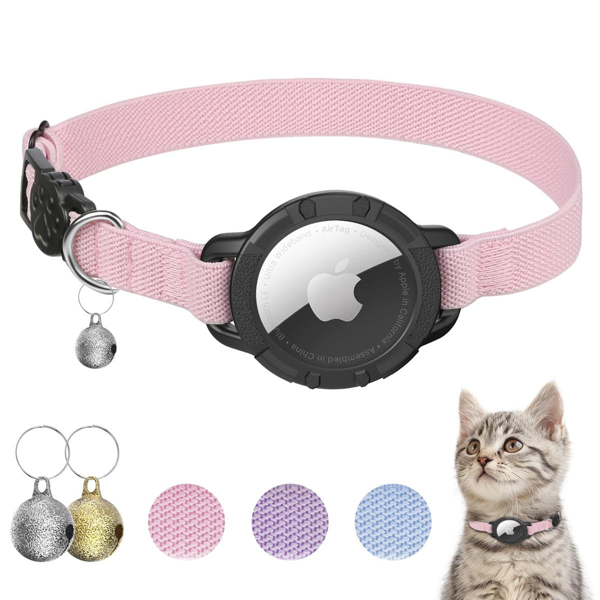 AirTag Cat Collars, Stretchy Collar with AirTag Holder and Bell