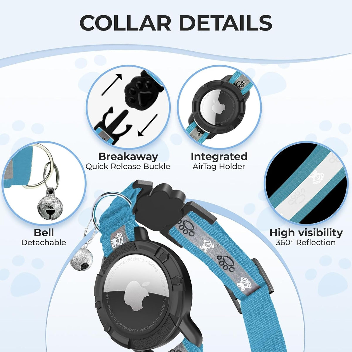 Breakaway AirTag Cat Collar, Reflective Cat Tracker Collar with Bell