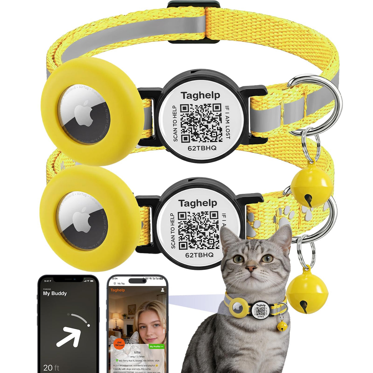 2 Pack Airtag Cat Collar, Breakaway Cat Airtag with Smart ID tag & QR Code Reflective (Moon Stars - Black & Pink, with Integrated AirTag Holder)