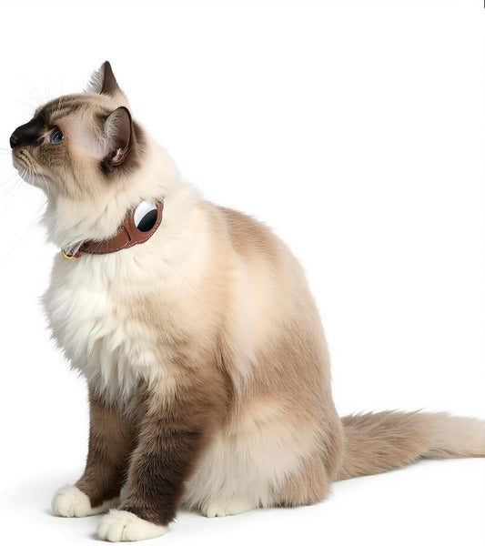 AirTag Cat Collar with Bell & Fabric Liner - Pet Collar Leather Cat Collar - Non Breakaway Leather Kitten Collar with AirTag Holder - GPS Cat Collars for Boy Cats, Girl Cats (Brown)