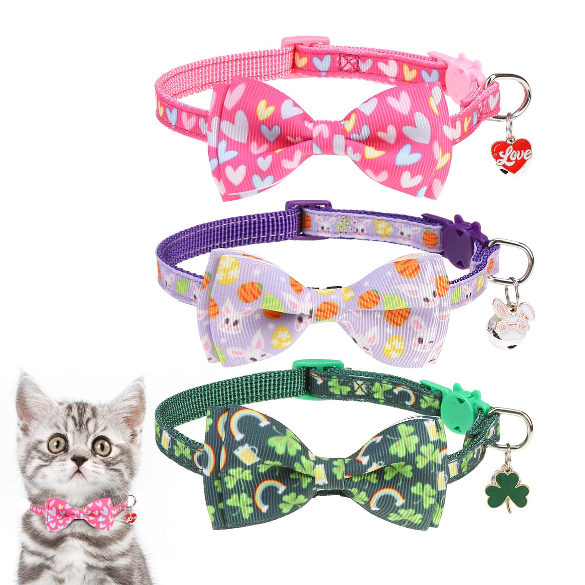 KOOLTAIL Glow in The Dark Cat Collar Breakaway with Bells,6 Pack Moonlight Cute Kitten Collars, Personalized Reflective Safety Buckle Stars&Moon Charm Pet Collars for Kitty Boys Girls, Pink Purple