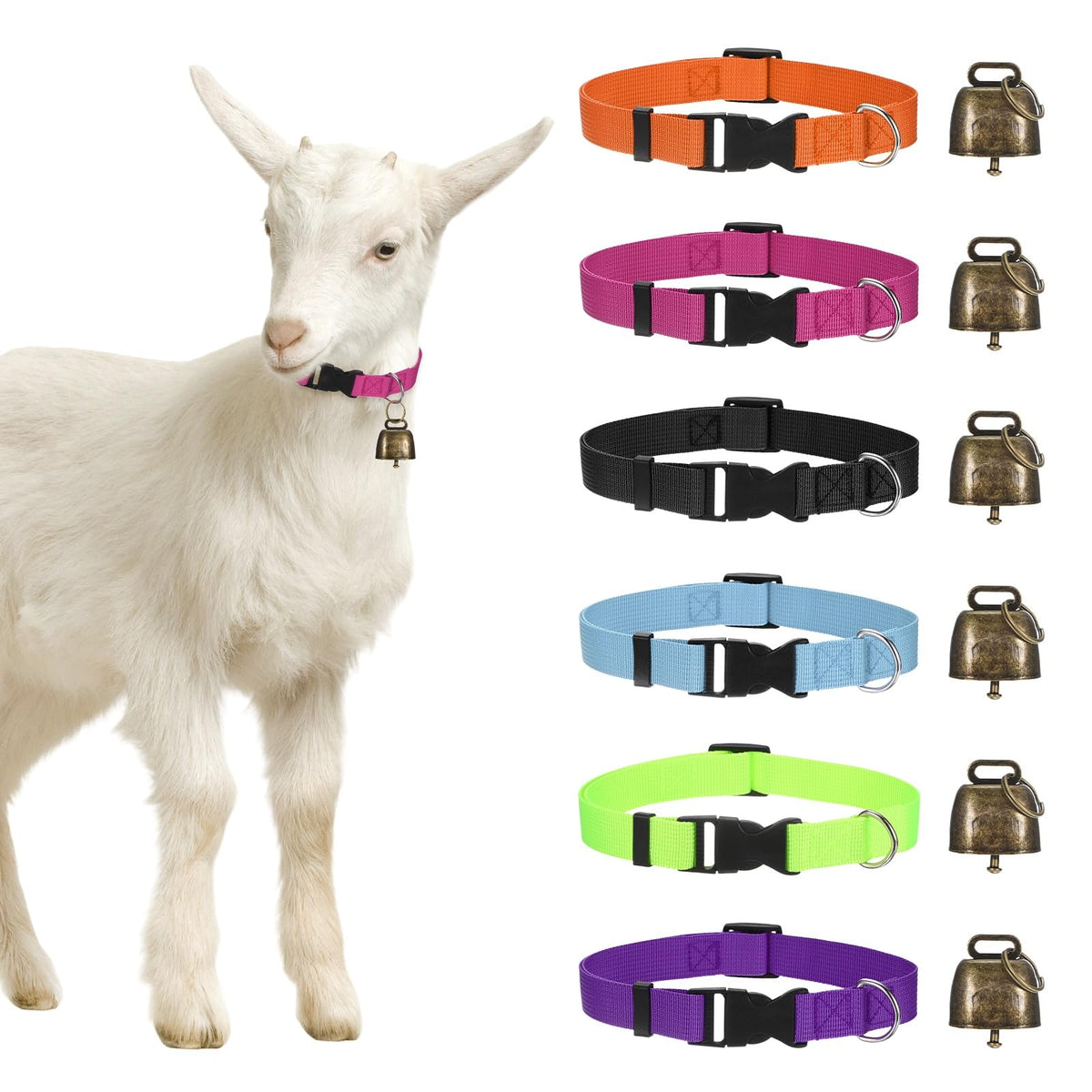 M METERXITY 6-Pack Goat Collars with Bells, 13.8"-20.5" Polyester Adjustable Pet Collar with Anti-Lost Grazing Copper Bell for Small Farm Animal/Sheep/Cow/Goat [Black]