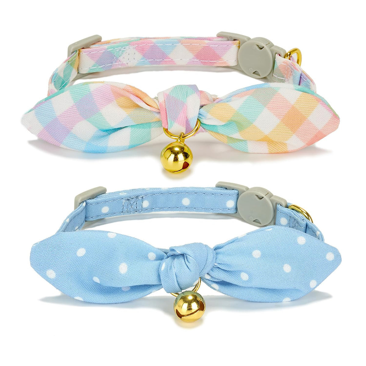 Bowtie Cat Collar with Bell, 2 Pack Cotton Breakaway Kitten Collars with Removeable Bow Stylish Cat Collars, Gradient Plaid & Polka Dot Blue