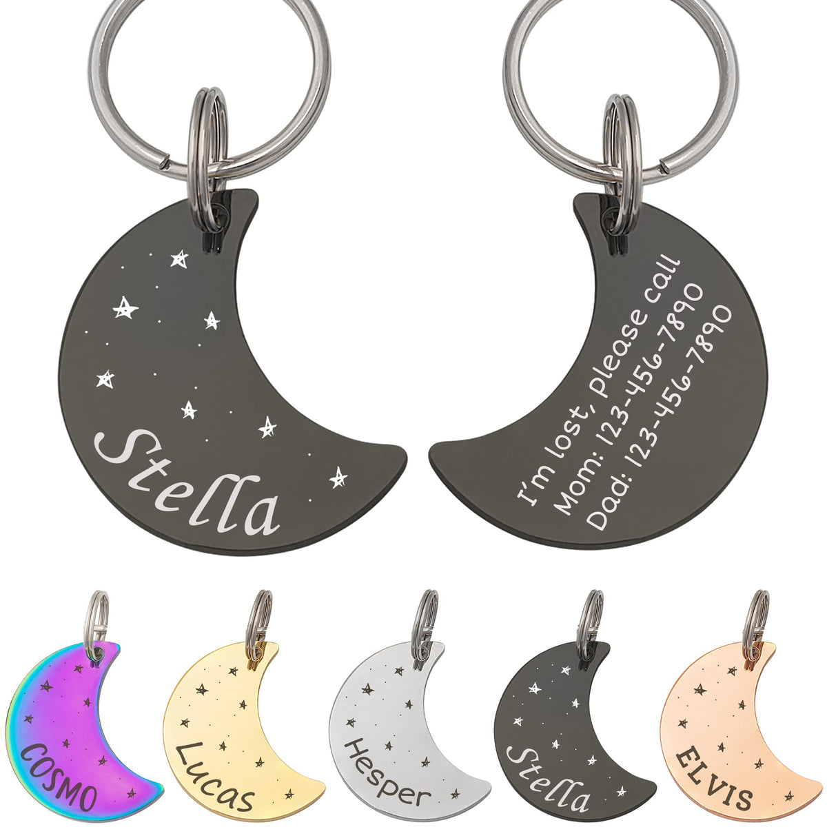 Anavia Starry Sky Theme Pet ID Tags in Half Moon & Star Shape, Personalized Dog Name Tag Cat Tag, Glossy Stainless Steel Gold Plated Black Rainbow Dog Collar Tag (Medium, Star Shape, Black)